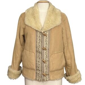 Boho Western Women Jacket M Tan Faux Suede Fur Shearling Cowgirl Outdoor Cottage